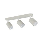 Beżowa lampa sufitowa Livia z trzema reflektorami GU10, zamontowana na płaskim, prostokątnym uchwycie. Reflektory mają cylindryczny kształt, są skierowane w różnych kierunkach, co umożliwia regulację oświetlenia.