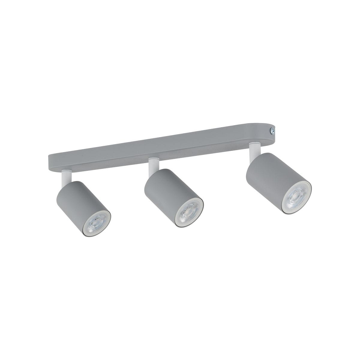 Lampa sufitowa Livia w kolorze szarym z trzema punktami świetlnymi GU10. Utrzymana w minimalistycznym stylu, zamontowana na prostokątnej podstawie, z cylindrycznymi kloszami skierowanymi w dół.