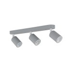Lampa sufitowa Livia w kolorze szarym z trzema punktami świetlnymi GU10. Utrzymana w minimalistycznym stylu, zamontowana na prostokątnej podstawie, z cylindrycznymi kloszami skierowanymi w dół.