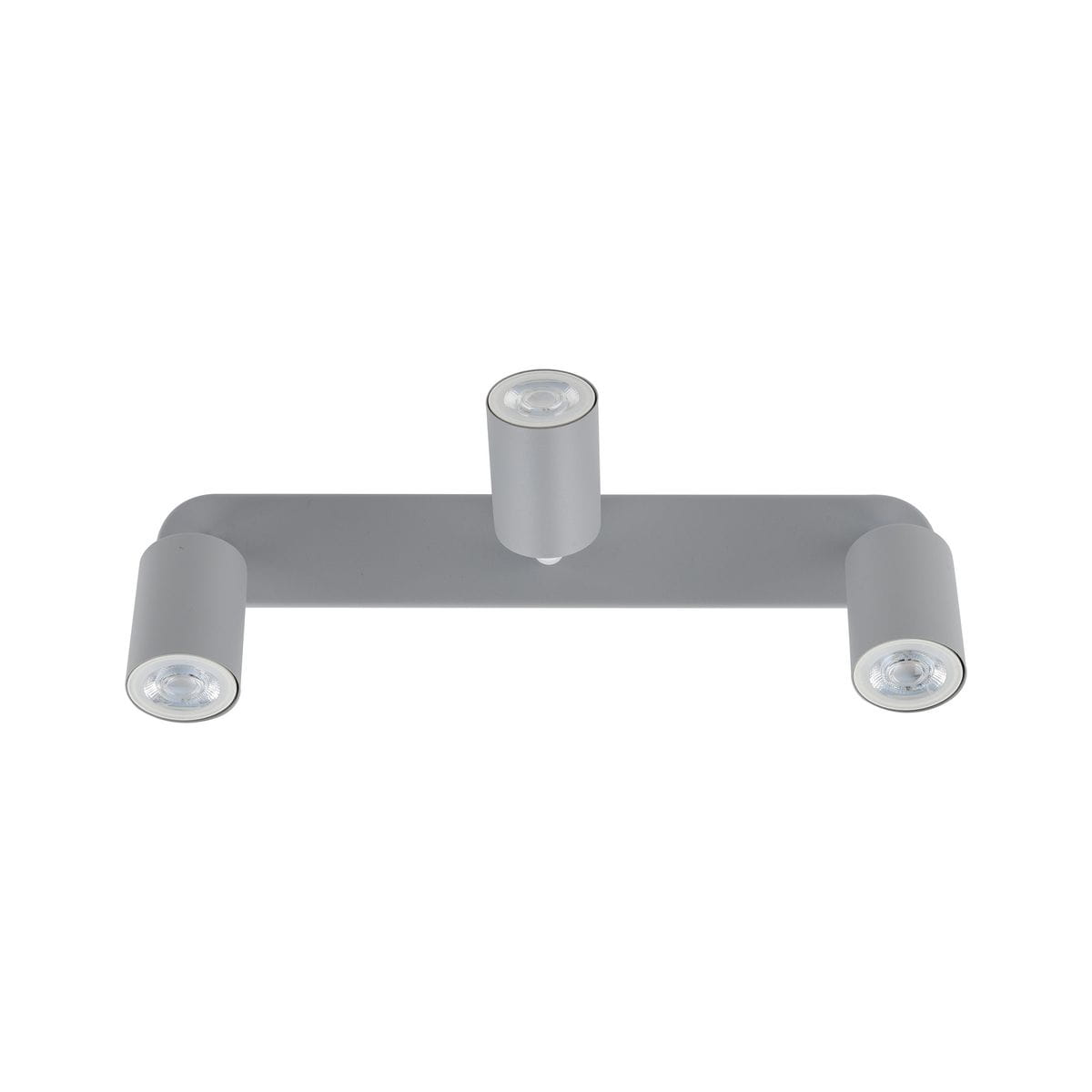 Livia lampa sufitowa w kolorze szarym z trzema punktami świetlnymi GU10. Produkt ma prosty, nowoczesny design z cylindrycznymi kloszami, zamontowany na poziomej podstawie. Ujęcie z góry, ukazujące równomierne rozmieszczenie źródeł światła.