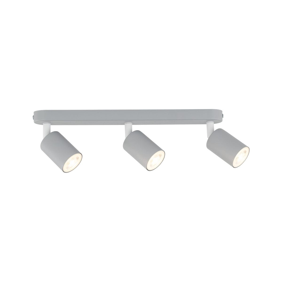 Livia lampa sufitowa w kolorze szarym z trzema ruchomymi spotami GU10, zamontowana na prostokątnej podstawie. Lampa ma nowoczesny design, z widocznymi okrągłymi kloszami o matowej fakturze. Ujęcie frontalne, na jasnym tle.