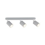 Livia lampa sufitowa w kolorze szarym z trzema ruchomymi spotami GU10, zamontowana na prostokątnej podstawie. Lampa ma nowoczesny design, z widocznymi okrągłymi kloszami o matowej fakturze. Ujęcie frontalne, na jasnym tle.
