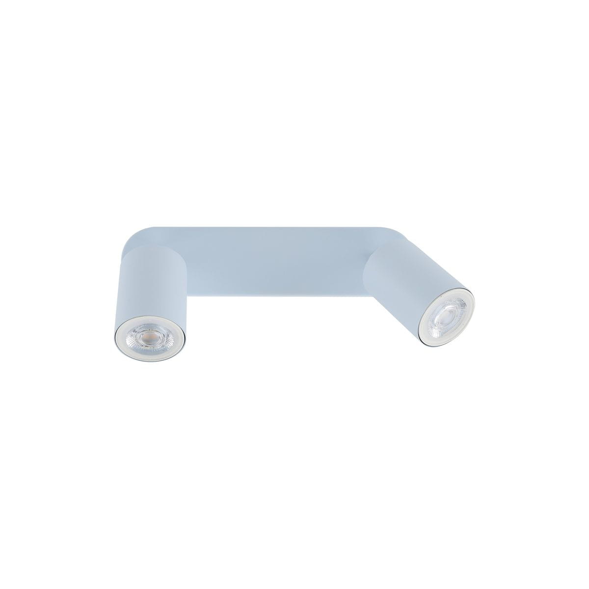 Livia lampa sufitowa (spot) 2xGU10 w kolorze błękitnym, z dwoma cylindrycznymi kloszami skierowanymi w różne strony. Ułożona poziomo, wykonana z matowego metalu, idealna do nowoczesnych wnętrz.