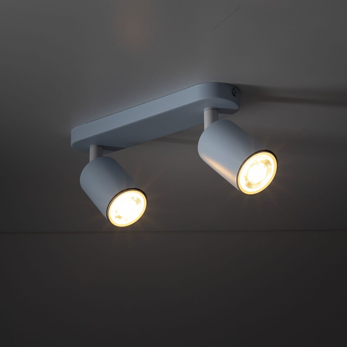 Livia lampa sufitowa (spot) 2xGU10 w kolorze niebieskim. Produkt zamontowany na suficie, z dwoma okrągłymi oprawami, skierowanymi w różne strony. Wykonana z metalu, z widocznymi źródłami światła wewnątrz. Prosta forma, idealna do nowoczesnych wnętrz.