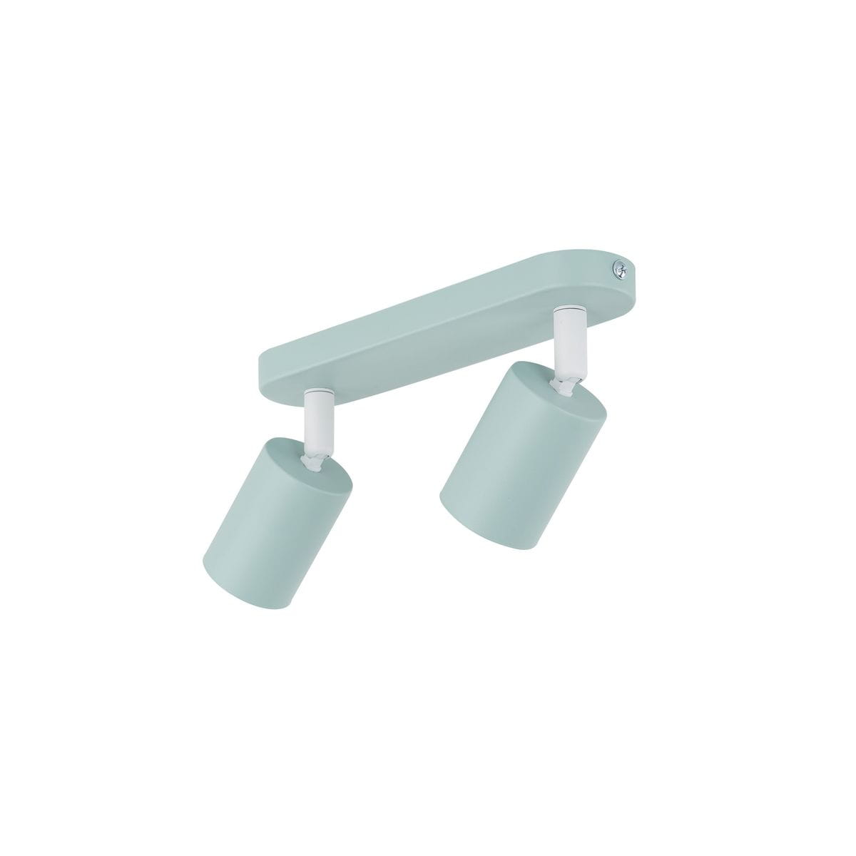 Miętowa lampa sufitowa Livia z dwoma spotami na uchwycie. Cylindryczne klosze w kolorze miętowym, montowane na białych mocowaniach. Lampa ma prostą, minimalistyczną formę, idealna do nowoczesnych wnętrz.