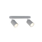 Lampa sufitowa Livia w kolorze szarym z dwoma reflektorami na metalowej podstawie. Reflektory są cylindryczne, zamontowane na białych wspornikach. Ujęcie frontalne, produkt leżący na białym tle.