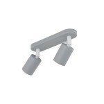 Livia lampa sufitowa (spot) 2xGU10 w kolorze szarym. Posiada dwa cylindryczne klosze zamocowane na prostokątnej podstawie. Ujęcie z boku, ukazujące detale mocowania oraz fakturę matowego wykończenia.