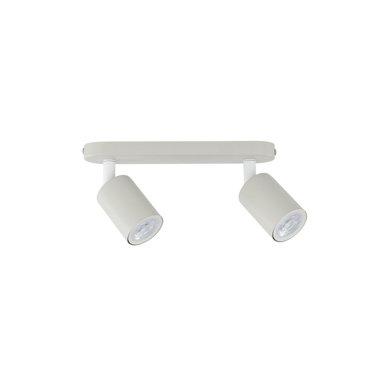 Beżowa lampa sufitowa typu spot z dwoma oprawami na żarówki GU10. Utrzymana w minimalistycznym stylu, montowana na prostokątnej podstawie. Widać dwa cylindryczne klosze skierowane w różne strony, z białymi detalami mocującymi.