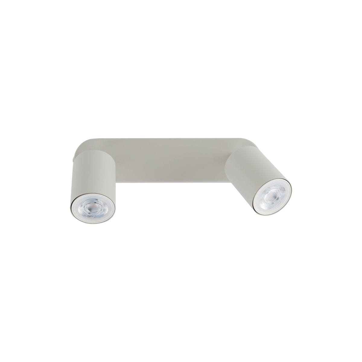 Beżowa lampa sufitowa Livia z dwoma spotami na żarówki GU10, o prostym, minimalistycznym kształcie. Ujęcie frontalne, z widocznymi okrągłymi kloszami. Lampa zamontowana na płaskiej podstawie, idealna do nowoczesnych wnętrz.
