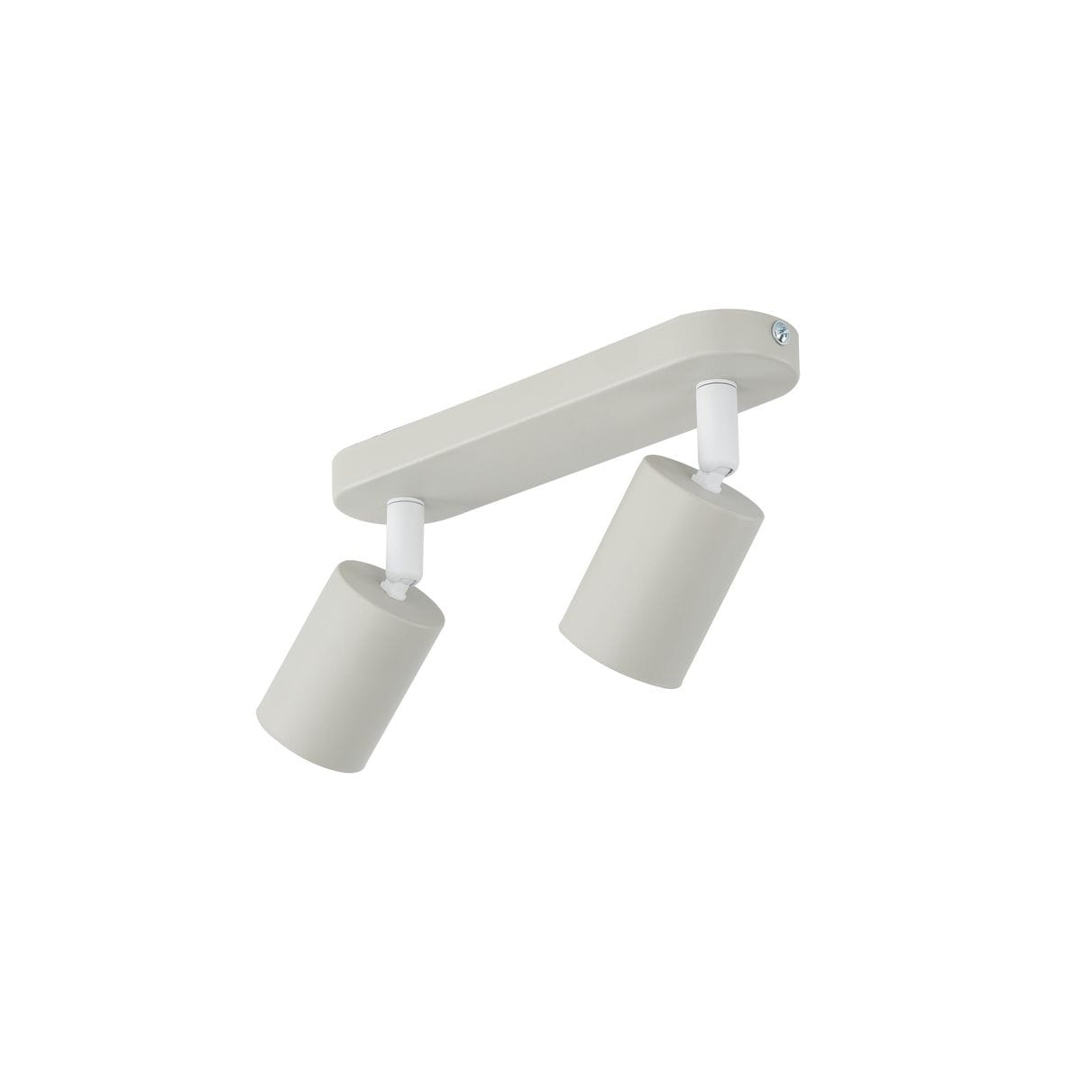 Beżowa lampa sufitowa Livia z dwoma reflektorami GU10, zamocowana na prostokątnej podstawie. Reflektory mają cylindryczny kształt i są regulowane, co pozwala na skierowanie światła w różne strony. Prosta, nowoczesna forma.