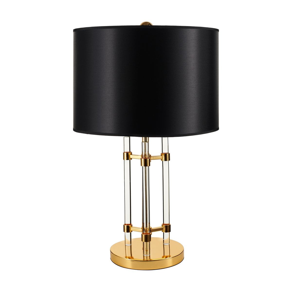 Lampa stołowa Exclusivo z abażurem w czerni i złotą podstawą. Posiada przezroczyste elementy, metalowe mocowania oraz okrągłą, złotą podstawę. Ujęcie frontalne, stojąca, elegancka forma.