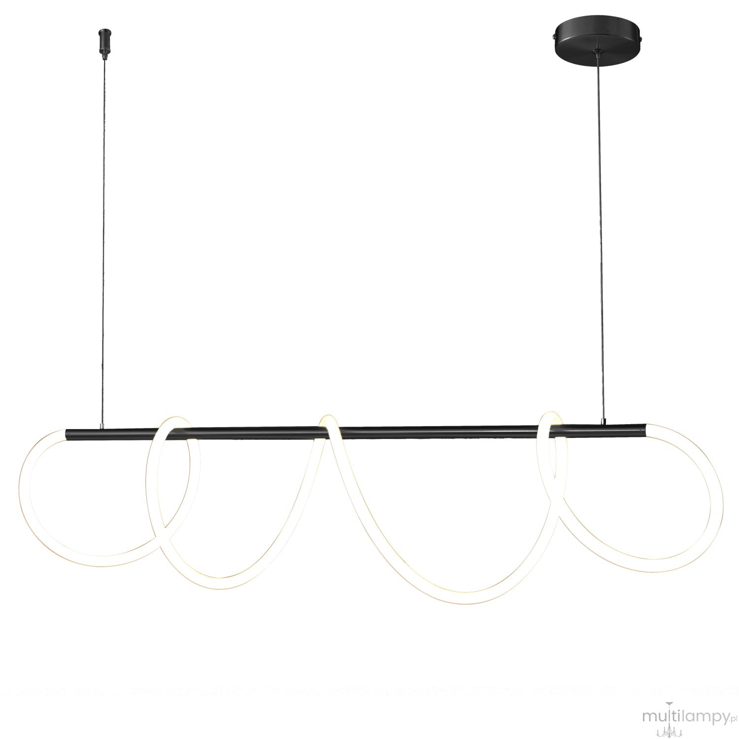 Lampa wisząca Fantasia w kolorze czarnym, z dwoma źródłami światła LED o mocy 35W. Posiada nowoczesny, falisty kształt z przezroczystymi, podświetlanymi elementami. Zawieszona na cienkim kablu, idealna do nowoczesnych wnętrz.