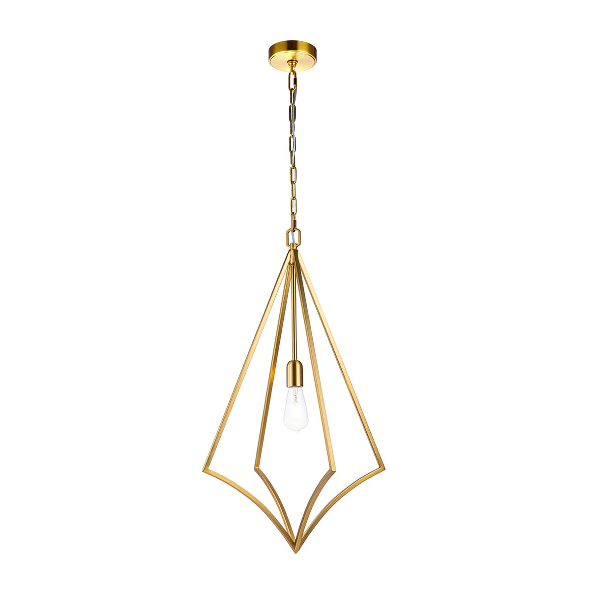 Lampa wisząca Nico XL w kolorze oksydowanego mosiądzu, z jednym gwintem E27. Ma geometryczny kształt z wiszącym kloszem, zawieszona na łańcuchu. Prosta konstrukcja z wyraźnymi liniami, umieszczona na białym tle.