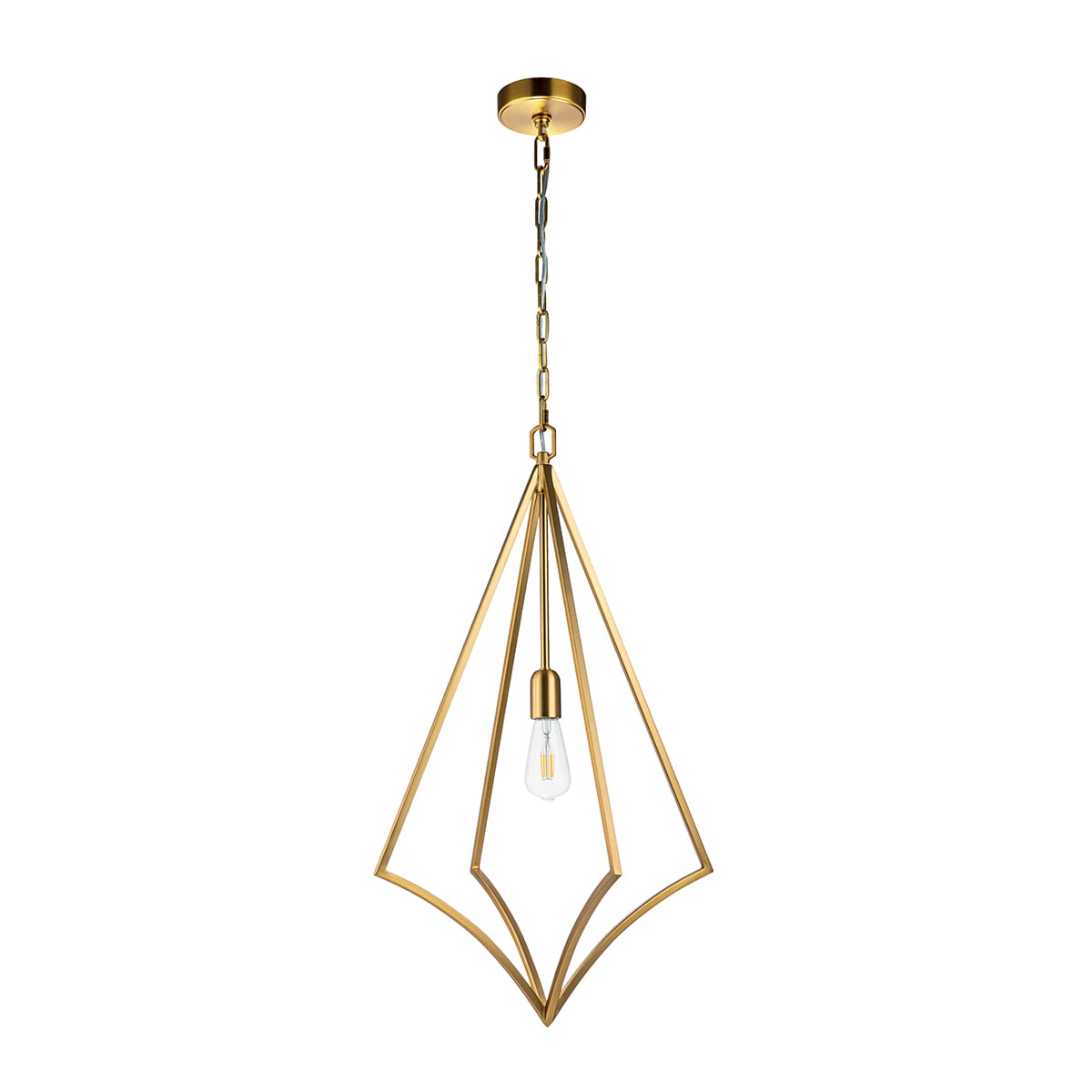 Lampa wisząca Nico XL w kolorze oksydowanego mosiądzu, w kształcie diamentowej figury. Zawieszona na łańcuchu, z miejscem na żarówkę E27. Prosty, nowoczesny design z widoczną oprawą świetlną. Tło białe.