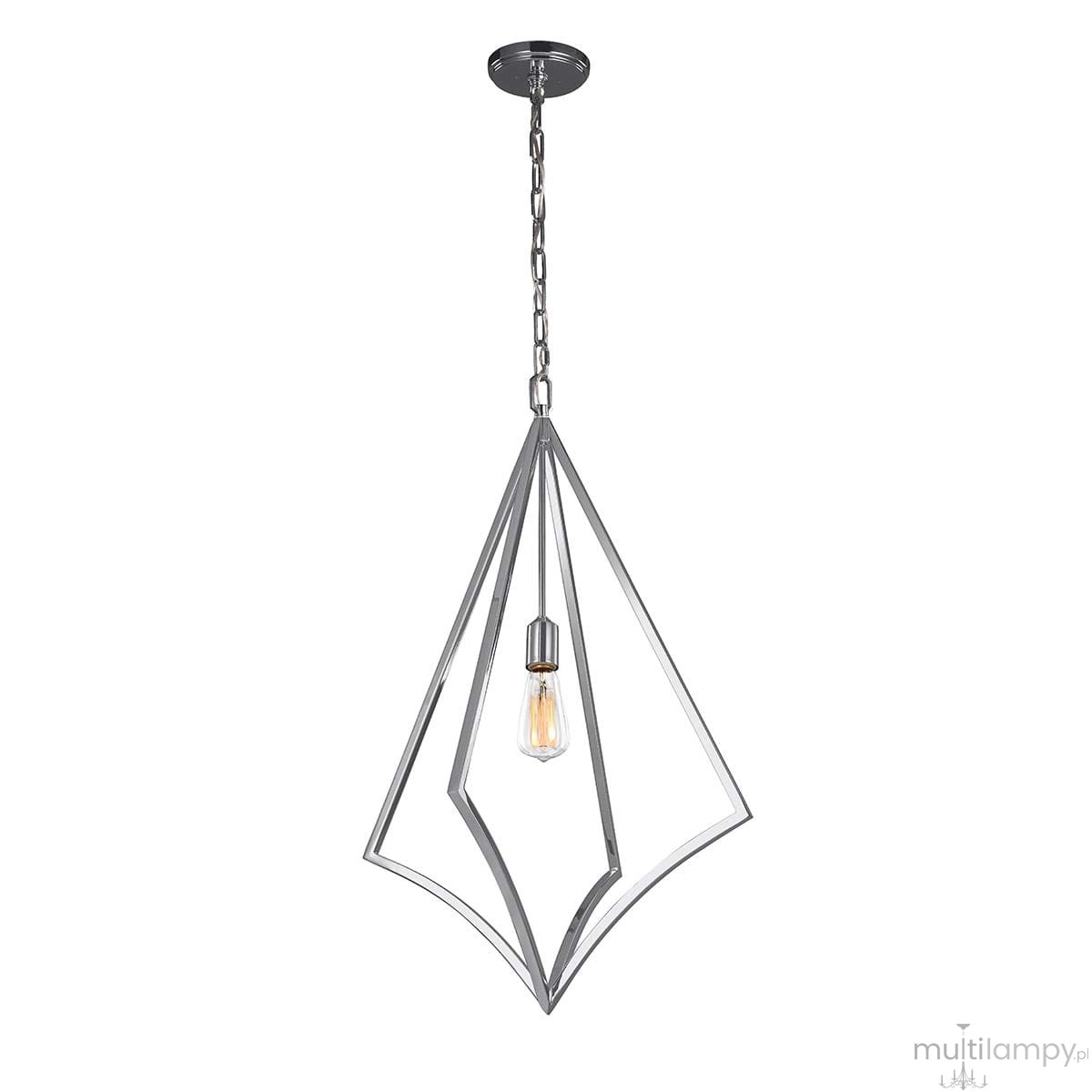 Lampa wisząca Nico XL w polerowanym chromie, o geometrycznym kształcie, z jednym gniazdem E27. Wisi na łańcuchu, z widoczną żarówką w przezroczystym kloszu. Tło białe, co podkreśla nowoczesny design.