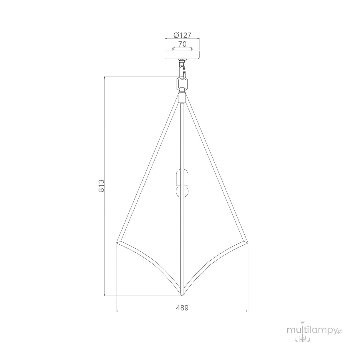 Lampa wisząca Nico XL w kształcie diamentu, z polerowanego chromu, z jedną oprawą na żarówkę E27. Wymiary: średnica 127 mm, wysokość 813 mm, szerokość 489 mm. Zawieszona na prostym montażu sufitowym.
