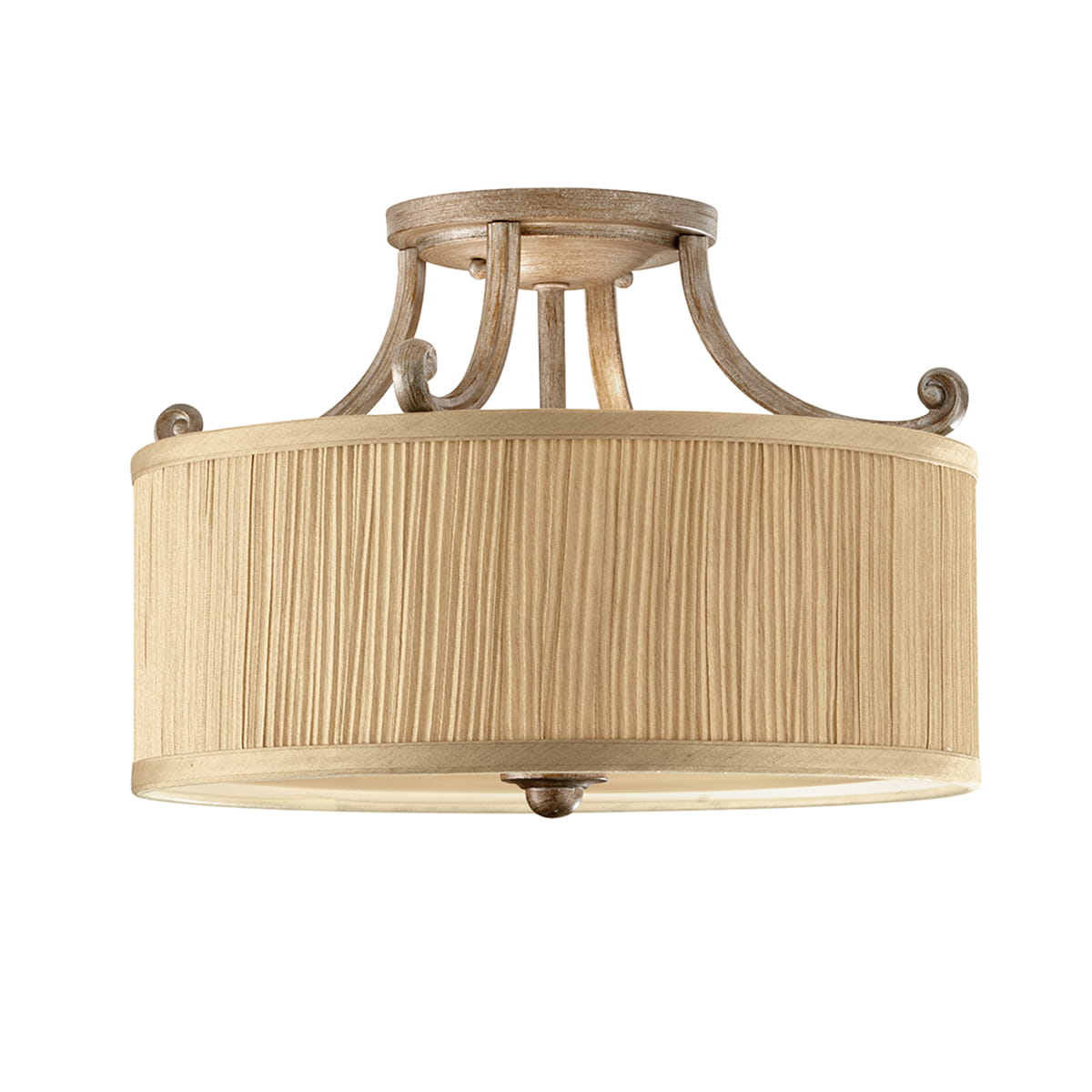 Lampa sufitowa Abbey z antycznym srebrem, z okrągłym kloszem w jasnym, teksturowanym materiale. Utrzymana w eleganckim stylu, z metalowymi detalami i dekoracyjnymi zawieszkami, przeznaczona na trzy żarówki E27. Zawieszona pod sufitem.