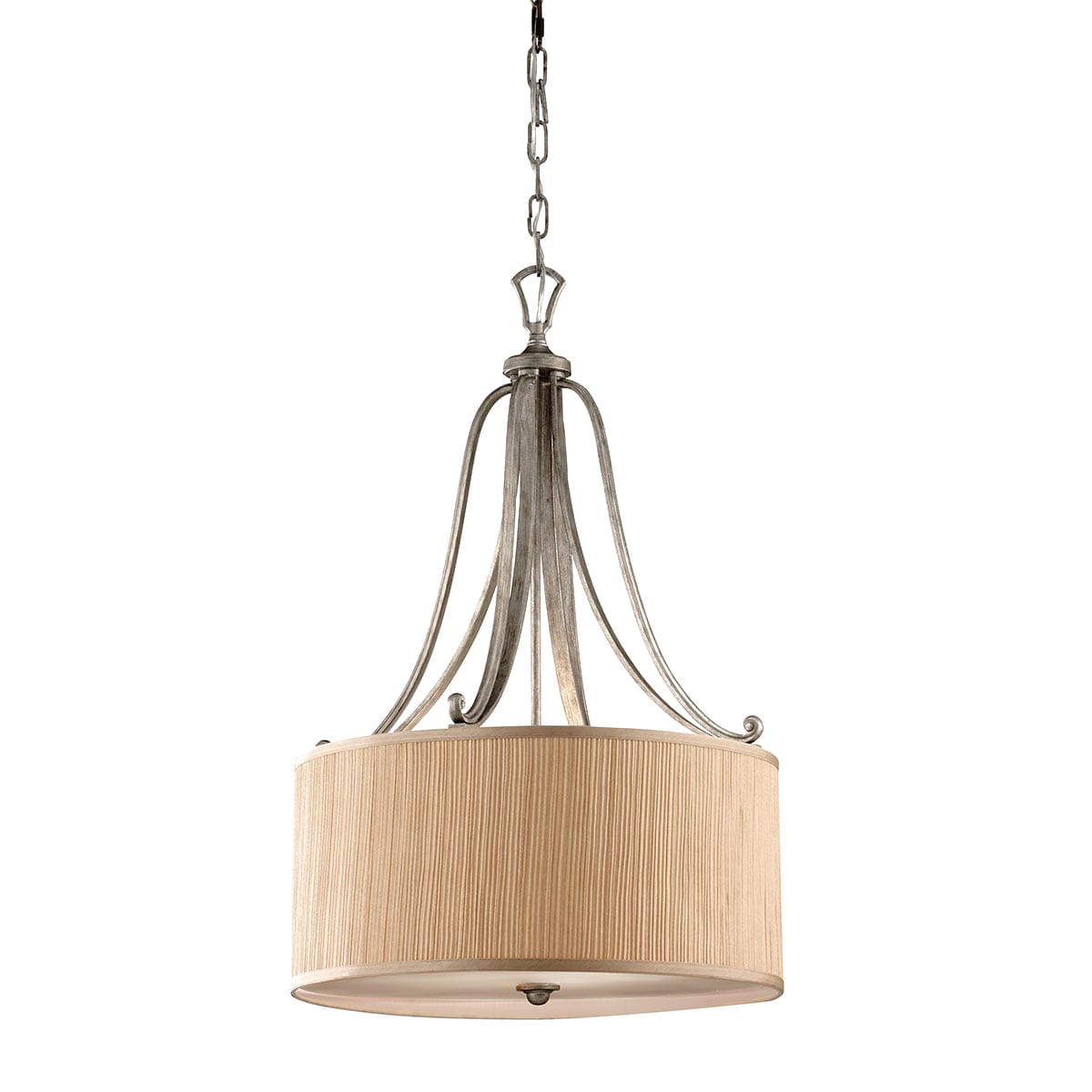Lampa wisząca Abbey w antycznym srebrze z abażurem w kolorze beżowym. Posiada trzy gniazda E27. Ujęcie frontalne, zawieszona na łańcuszku. Abażur o żebrowanej fakturze, metalowa konstrukcja z delikatnymi zdobieniami.