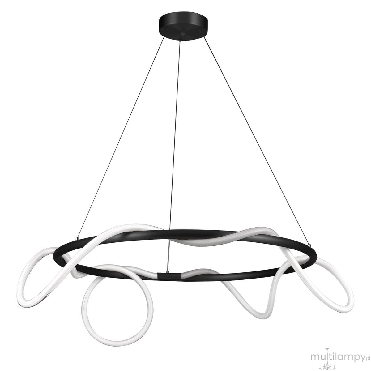 Lampa wisząca Fantasia D60 z czarnym metalowym stelażem, ozdobiona białymi elastycznymi elementami. Zawieszona na cienkich linkach, z dwoma źródłami LED o mocy 34W. Kształt nowoczesny, z dynamicznymi liniami. Tło jednolite.