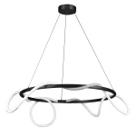 Lampa wisząca Fantasia D60 z czarnym metalowym stelażem, ozdobiona białymi elastycznymi elementami. Zawieszona na cienkich linkach, z dwoma źródłami LED o mocy 34W. Kształt nowoczesny, z dynamicznymi liniami. Tło jednolite.