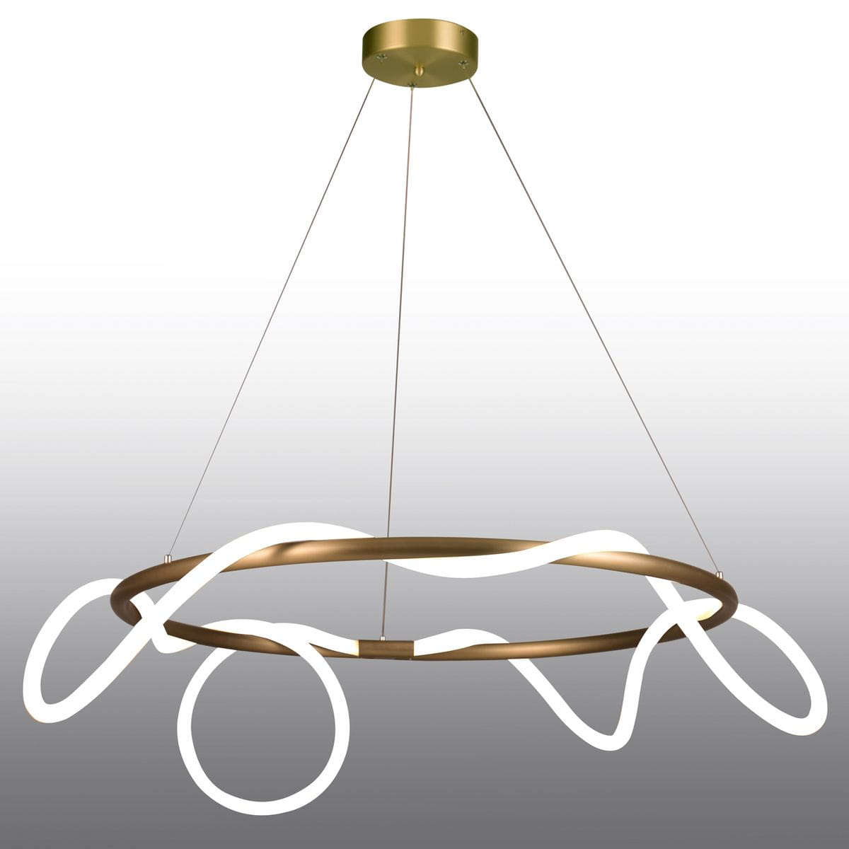 Lampa wisząca Fantasia D60, złota, z dwoma źródłami LED o mocy 34W. Okrągła metalowa konstrukcja z finezyjnie ułożonymi białymi elementami świetlnymi. Zawieszona na cienkich linkach, widok z boku, na jednolitym tle.