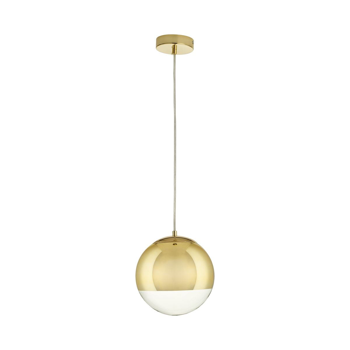 Lampa wisząca Flash D20, złota, z kloszem w kształcie półkuli, wykonana z metalu i szkła. Utrzymana w minimalistycznym stylu, zawieszona na cienkim kablu. Klosz ma górną część w kolorze złotym i dolną przezroczystą, tworząc elegancki kontrast.