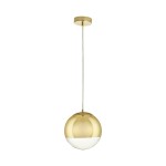Lampa wisząca Flash D20, złota, z kloszem w kształcie półkuli, wykonana z metalu i szkła. Utrzymana w minimalistycznym stylu, zawieszona na cienkim kablu. Klosz ma górną część w kolorze złotym i dolną przezroczystą, tworząc elegancki kontrast.