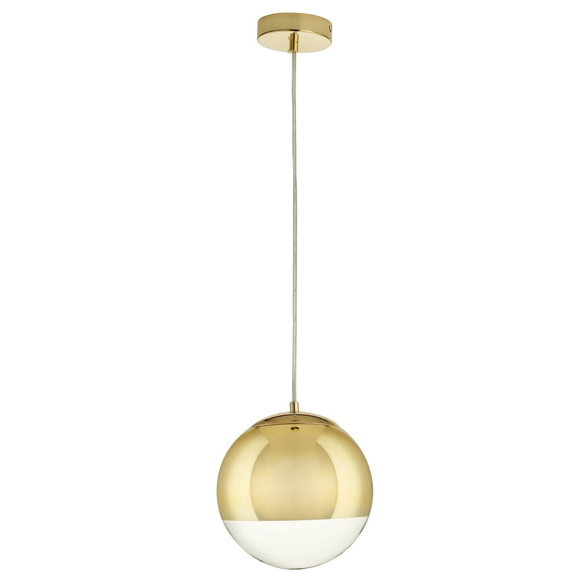 Lampa wisząca Flash D20 z oprawą w kolorze złotym, z półkulistym kloszem, który łączy złoto z białym szkłem. Ujęcie z boku, zawieszona na cienkim, przezroczystym przewodzie. Idealna do nowoczesnych wnętrz.
