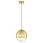 Lampa wisząca Flash D20 z oprawą w kolorze złotym, z półkulistym kloszem, który łączy złoto z białym szkłem. Ujęcie z boku, zawieszona na cienkim, przezroczystym przewodzie. Idealna do nowoczesnych wnętrz.
