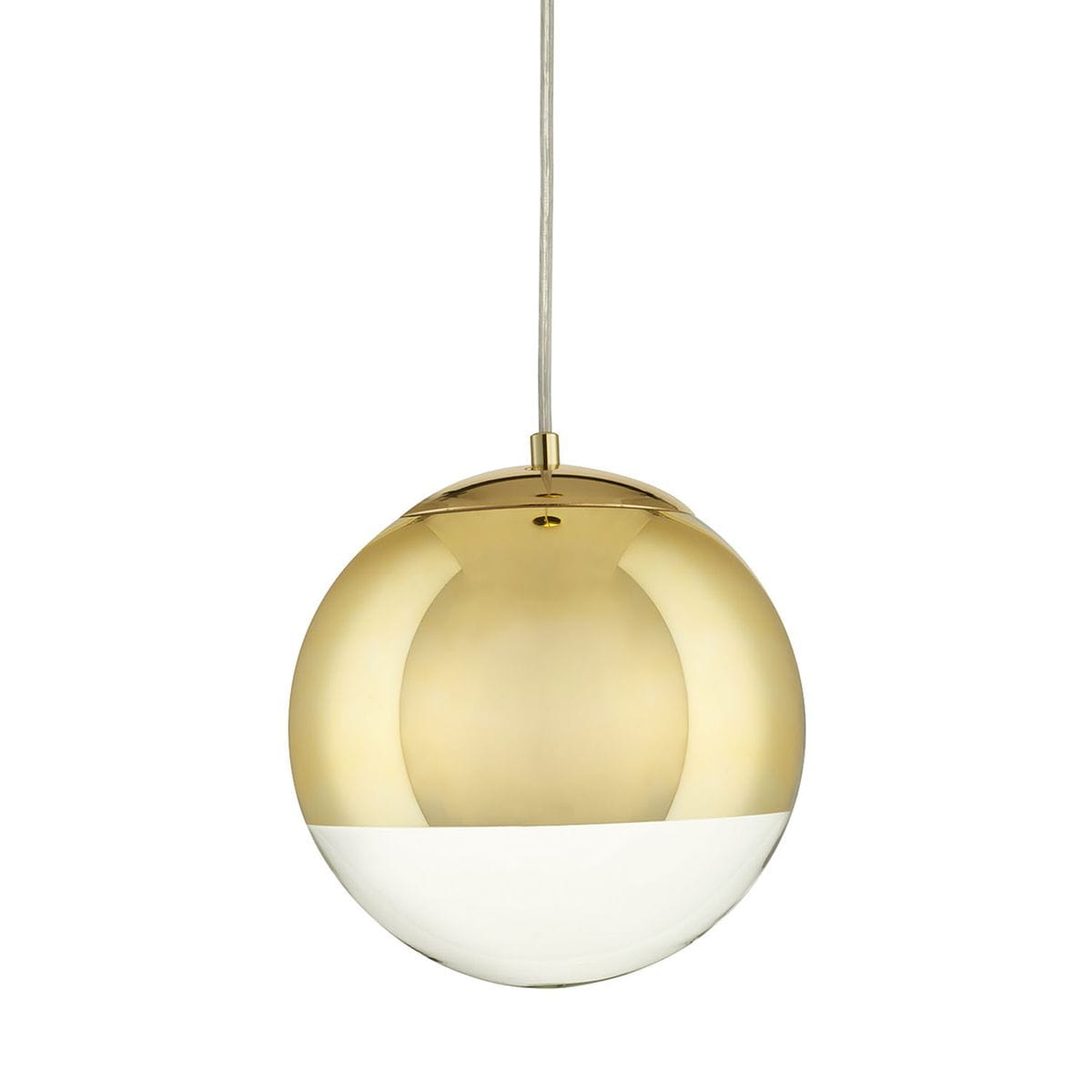 Lampa wisząca Flash D20 z pojedynczym gniazdem E27, w kształcie złotej kuli z białym dolnym pasem. Ujęcie frontalne, zawieszona na cienkim przewodzie. Wykonana z metalu, połyskliwa powierzchnia, idealna do nowoczesnych aranżacji wnętrz.