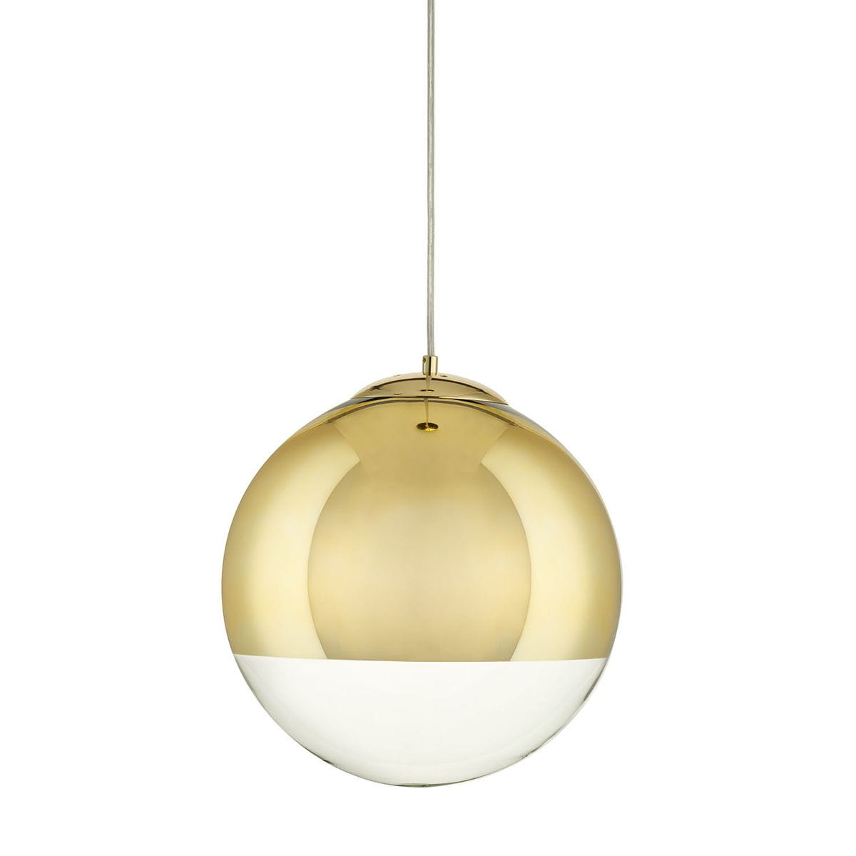 Lampa wisząca Flash D30 z oprawą w kolorze złotym, okrągła, z białym dolnym fragmentem. Zawieszona na cienkim przewodzie, jednowłóknowa, z miejscem na żarówkę E27. Gładka powierzchnia, połyskująca, elegancki design.