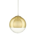 Lampa wisząca Flash D30 z oprawą w kolorze złotym, okrągła, z białym dolnym fragmentem. Zawieszona na cienkim przewodzie, jednowłóknowa, z miejscem na żarówkę E27. Gładka powierzchnia, połyskująca, elegancki design.