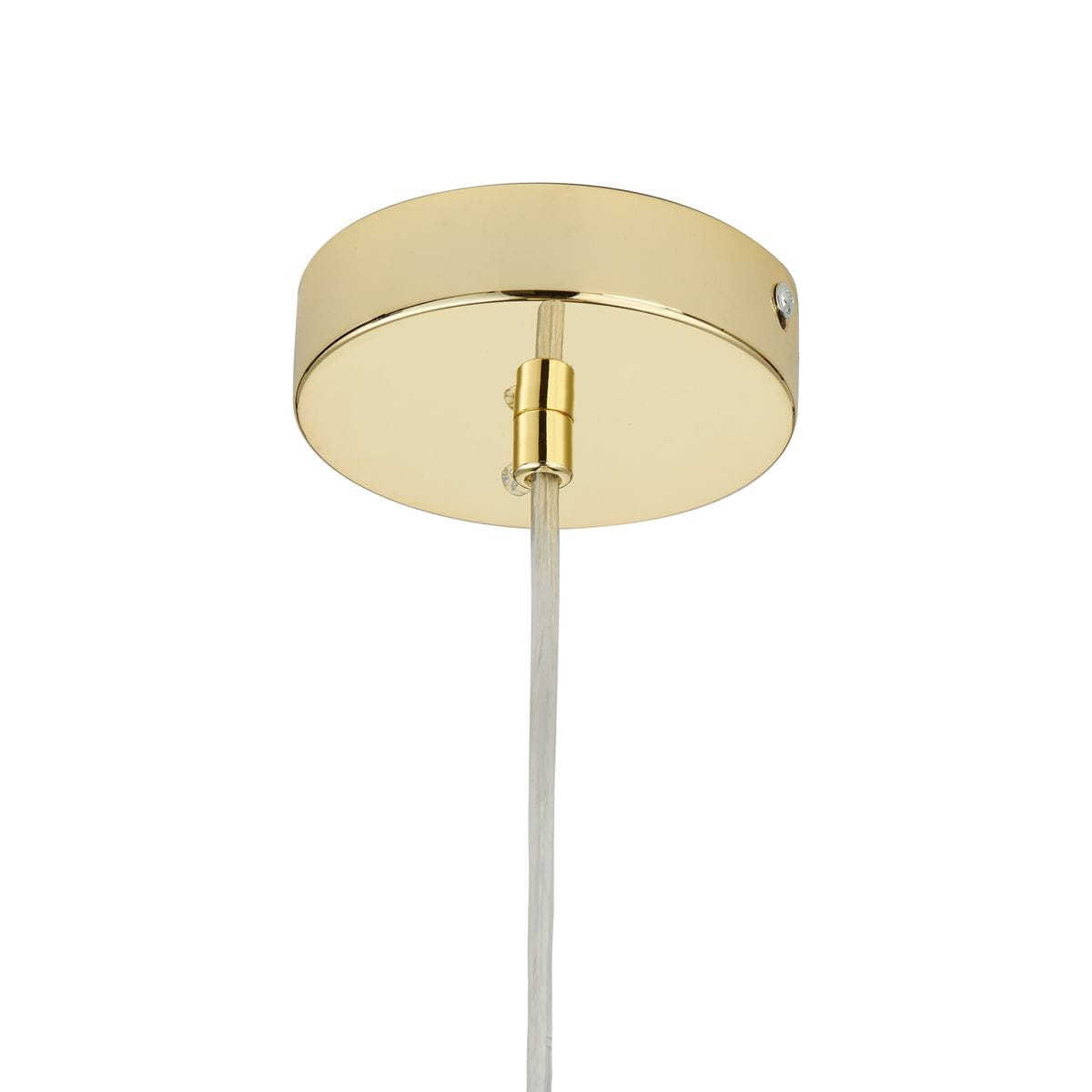 Lampa wisząca Flash D30 w kolorze złotym, z okrągłym, błyszczącym mocowaniem sufitowym. Wisi na przezroczystym kablu. Przeznaczona na jedną żarówkę E27, idealna do nowoczesnych wnętrz.