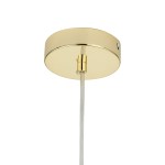 Lampa wisząca Flash D30 w kolorze złotym, z okrągłym, błyszczącym mocowaniem sufitowym. Wisi na przezroczystym kablu. Przeznaczona na jedną żarówkę E27, idealna do nowoczesnych wnętrz.