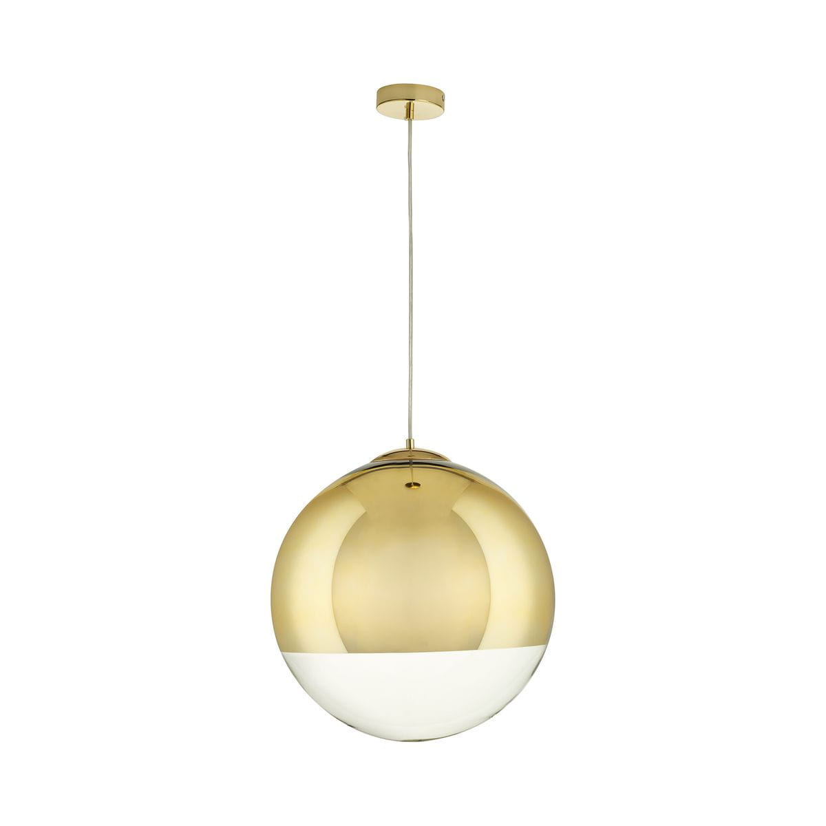 Lampa wisząca Flash D40 z jedną oprawą E27, w złotym kolorze z połyskującą, okrągłą kopułą i białym dolnym fragmentem. Zawieszona na cienkim przewodzie, montowana do sufitu. Prosty, nowoczesny design pasujący do różnych wnętrz.