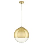 Lampa wisząca Flash D40, z oprawą w złotym kolorze, o okrągłym kształcie z białym dolnym fragmentem. Zawieszona na cienkim przewodzie, montowana do sufitu. Wykonana z metalu i szkła, przeznaczona na żarówkę E27. Tło białe.