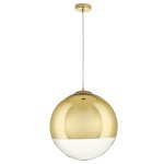 Lampa wisząca Flash D40 z jedną oprawą E27, w kolorze złotym. Okrągła, metaliczna kopuła z połyskiem, z białym dolnym fragmentem. Zawieszona na cienkim, białym przewodzie. Praktyczna do nowoczesnych wnętrz.
