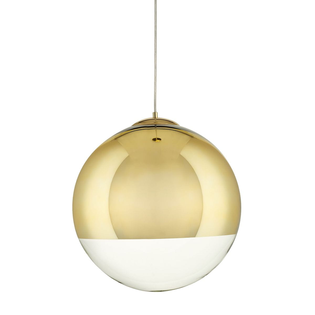 Lampa wisząca Flash D40 w kolorze złotym, z kloszem w kształcie dużej kuli, z połyskującym wykończeniem. Klosz łączy złotą górę z białą dolną częścią. Zawieszona na cienkim, metalowym przewodzie. Do zastosowania z żarówką E27.