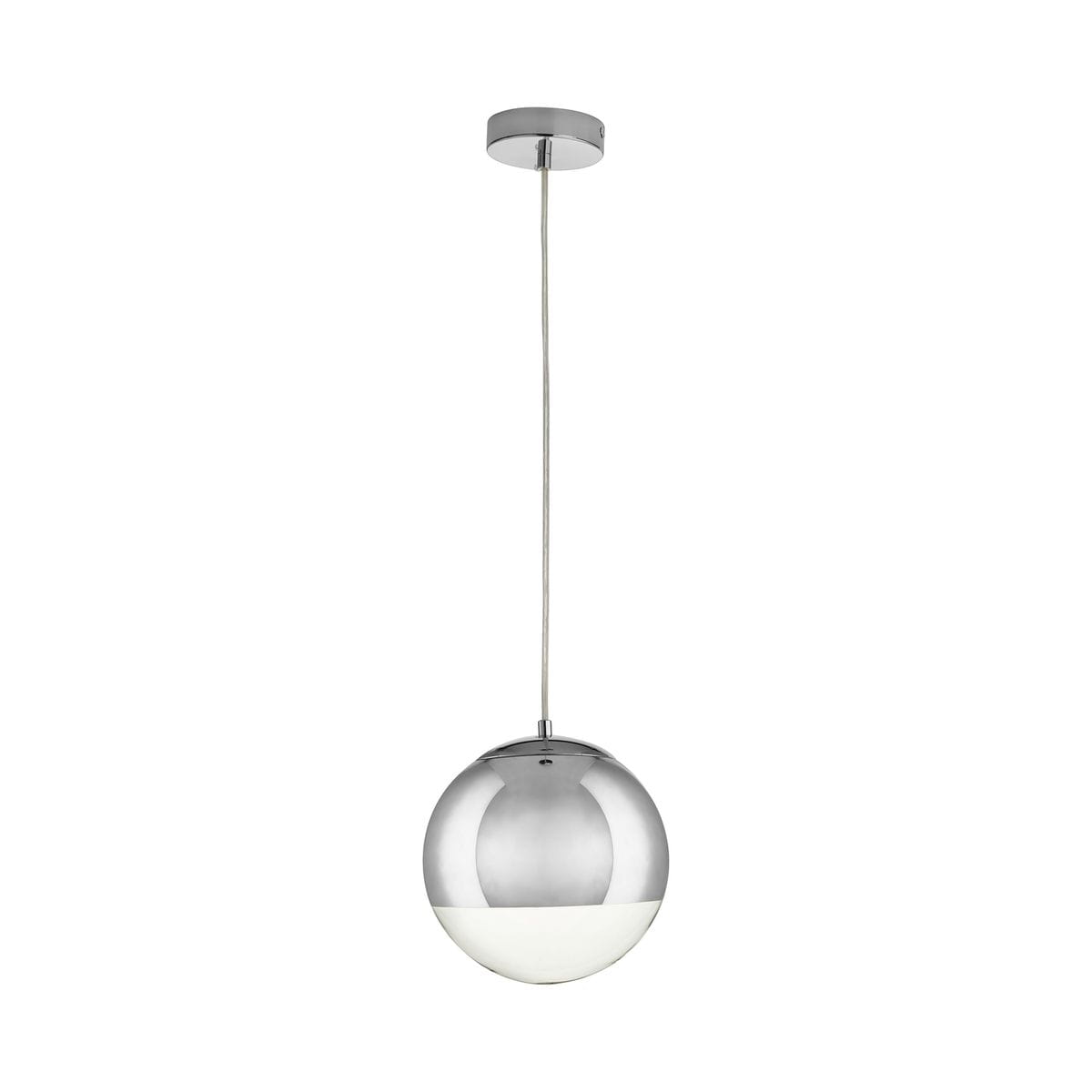 Lampa wisząca Flash D20 w chromowanej obudowie z przezroczystą dolną częścią, zawieszona na cienkim kabelku. Okrągły kształt, montowana na suficie, idealna do nowoczesnych wnętrz.