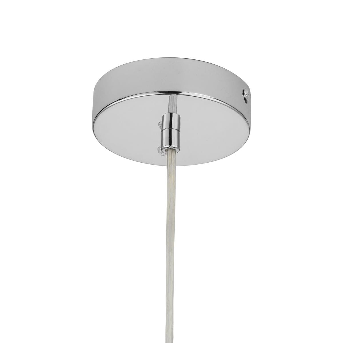 Lampa wisząca Flash D20 w kolorze chromu, z okrągłą, metalową podsufitką oraz przezroczystym kabelkiem. Ujęcie z dołu, pokazujące detal montażu i zawieszenia. Idealna do nowoczesnych wnętrz.