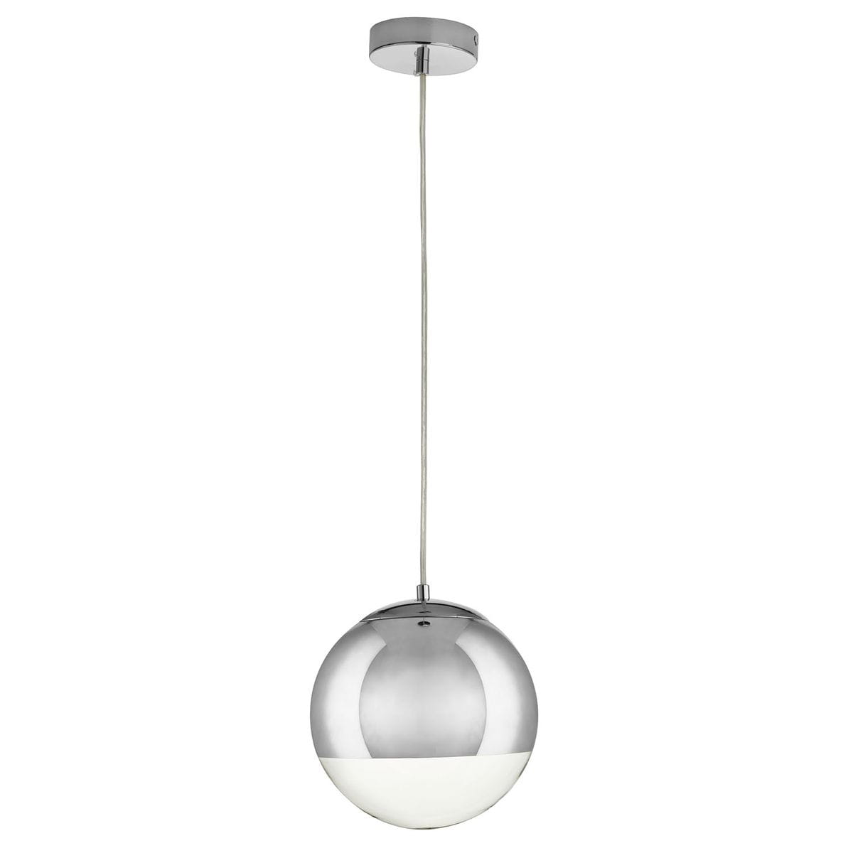 Lampa wisząca Flash D20 z chromowanym wykończeniem. Okrągła, szklana kula z białą dolną częścią, zawieszona na cienkim przewodzie. Montaż sufitowy, minimalistyczny design, idealna do nowoczesnych wnętrz. Wymaga żarówki E27.