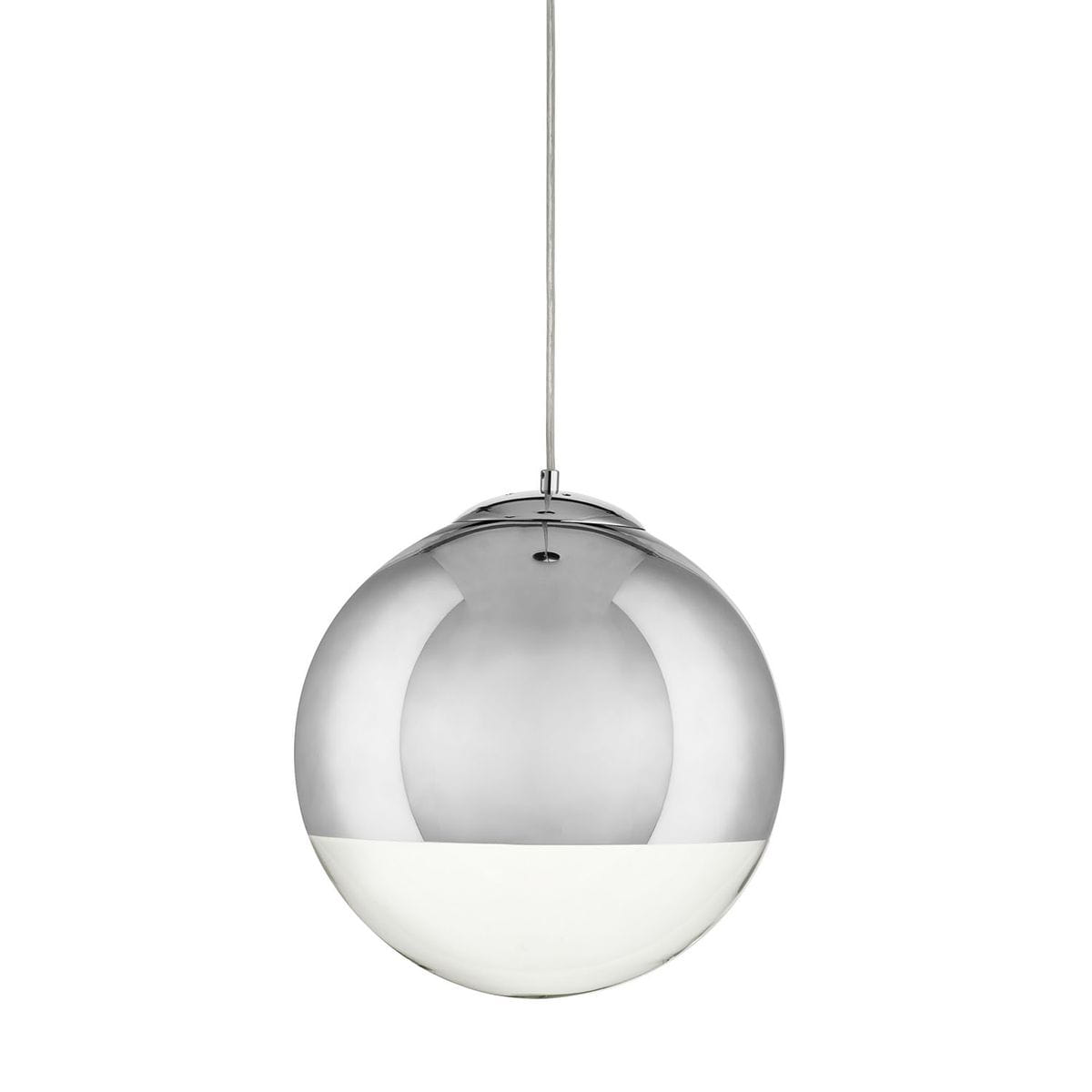 Lampa wisząca Flash D30 z chromowaną, okrągłą obudową, z białym dolnym fragmentem. Zawieszona na cienkim przewodzie, w perspektywie frontalnej. Przeznaczona na żarówkę E27, idealna do nowoczesnych wnętrz.