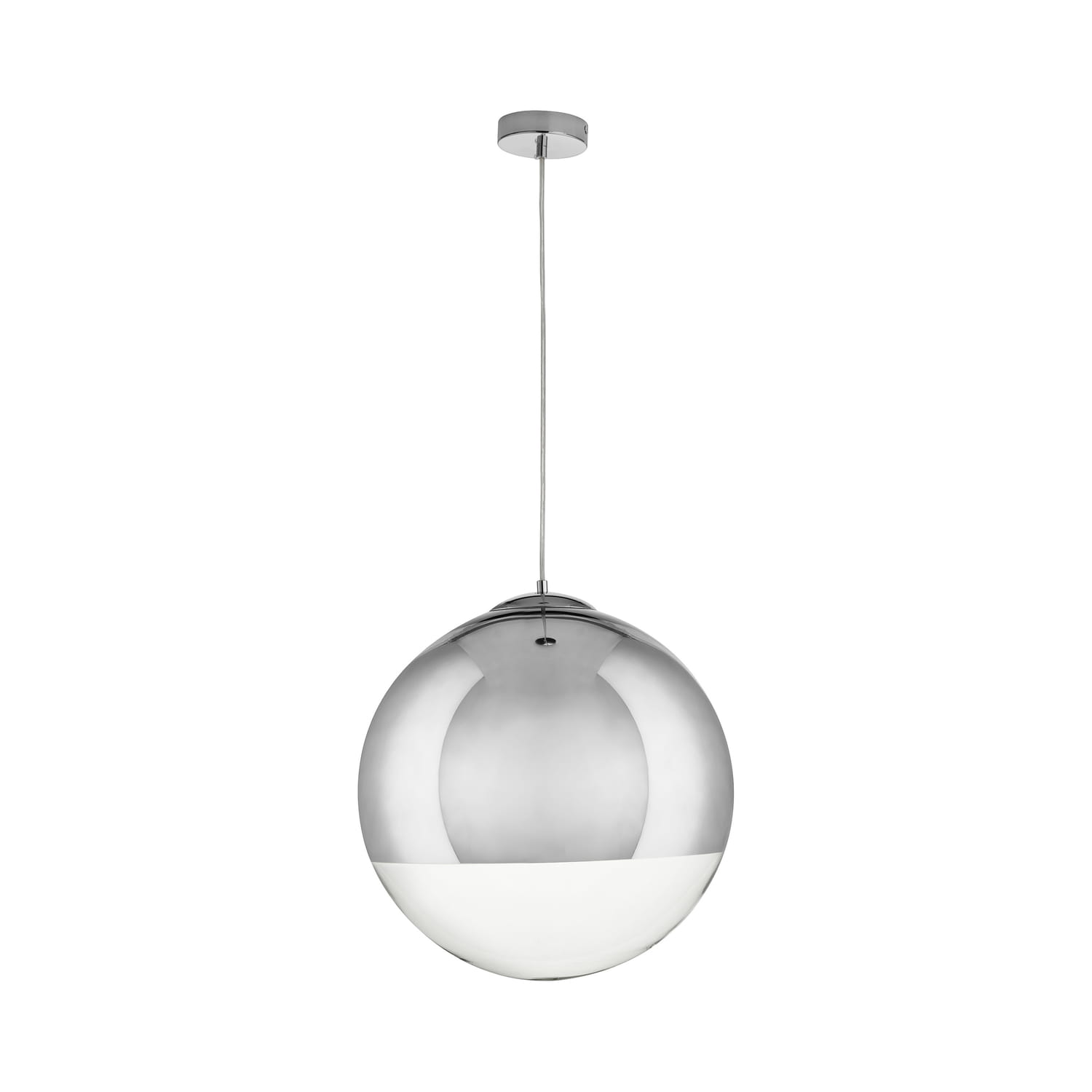 Lampa wisząca Flash D40 z chromowanego metalu, okrągła, z przezroczystym kloszem. Zawieszona na cienkim przewodzie, umocowana do sufitu. W dolnej części klosza widoczna biała część, która rozprasza światło. Idealna do nowoczesnych wnętrz.