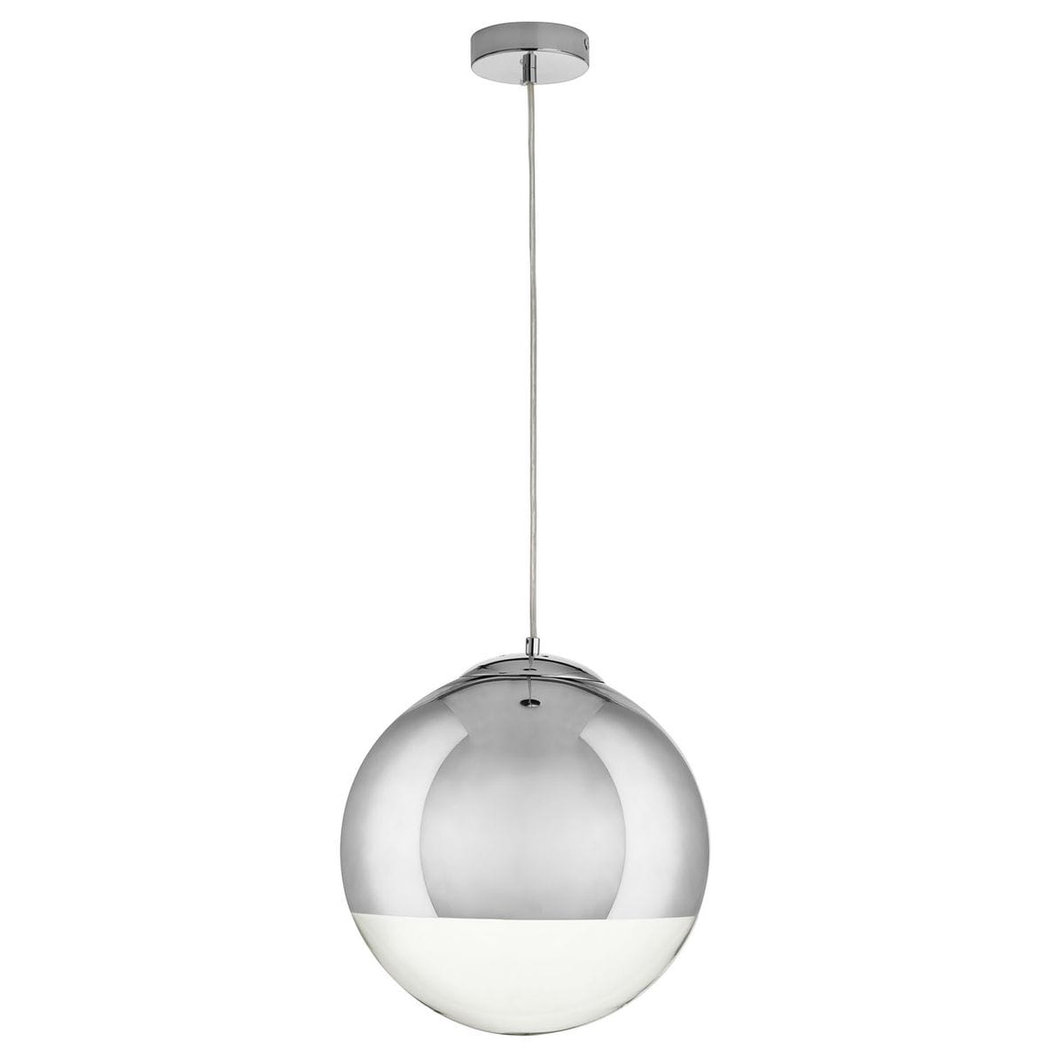 Lampa wisząca Flash D40 z chromowaną kopułą, zawieszona na cienkim kabelku. Okrągła forma z dolną częścią w białym kolorze, idealna do nowoczesnych wnętrz. Kąt ujęcia frontalny, na jednolitym tle.