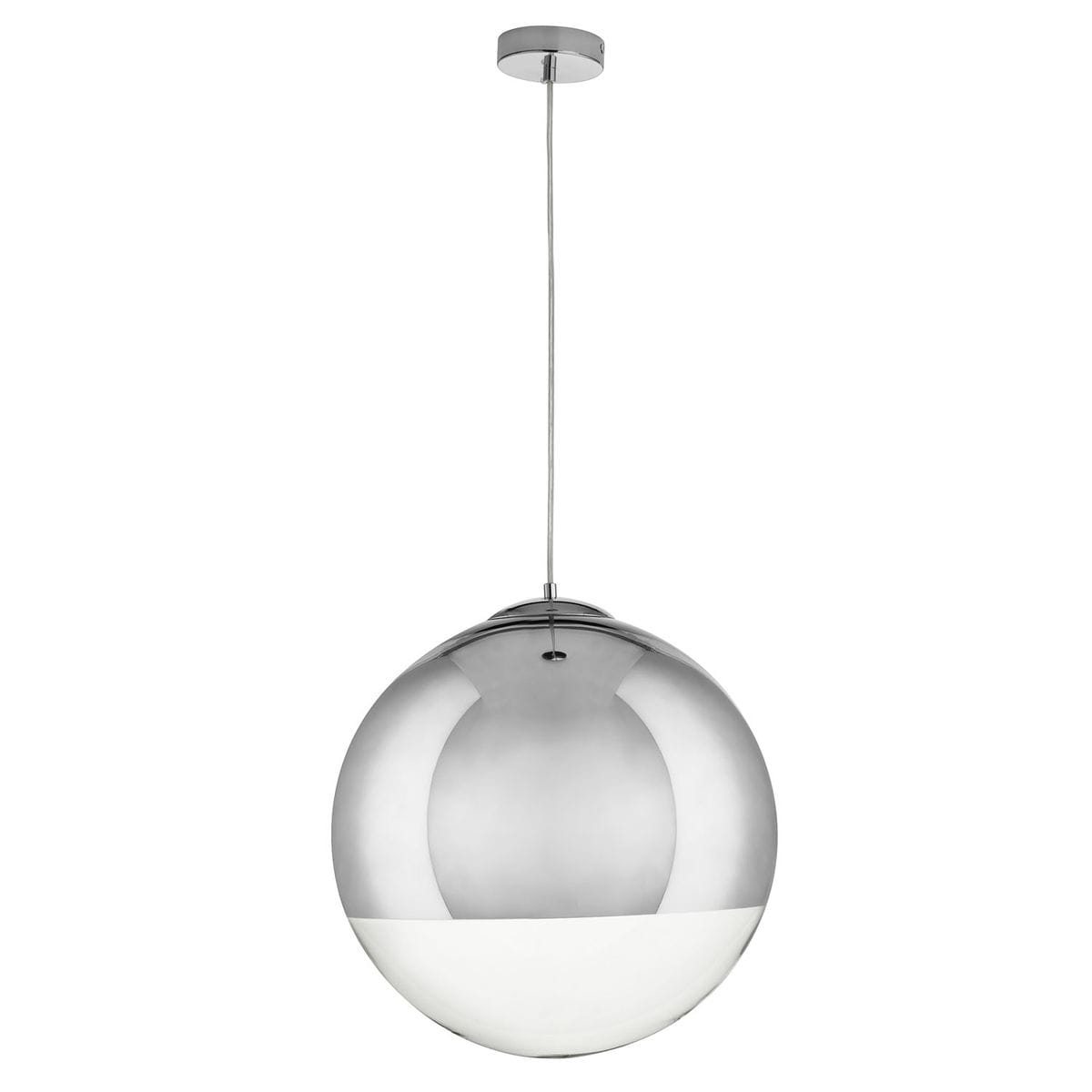 Lampa wisząca Flash D40 z chromowaną powłoką, posiada okrągły klosz w połowie przezroczysty, zawieszona na cienkim przewodzie. Całość montowana do sufitu, idealna do nowoczesnych wnętrz.