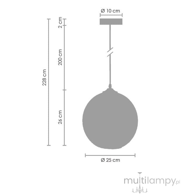 Lampa wisząca Love Bomb w kolorze czarnym i szarym, z jednym gniazdem E27. Okrągła klosz o średnicy 25 cm, zawieszony na przewodzie o długości 200 cm. U góry prostokątna podsufitka o wymiarach 10 cm x 2 cm. Wysokość całkowita 228 cm.