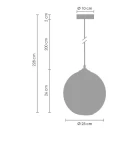 Lampa wisząca Love Bomb w kolorze czarnym i szarym, z jednym gniazdem E27. Okrągła klosz o średnicy 25 cm, zawieszony na przewodzie o długości 200 cm. U góry prostokątna podsufitka o wymiarach 10 cm x 2 cm. Wysokość całkowita 228 cm.