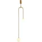 Lampa wisząca Loop 2xG9 w kolorze złotym. Posiada dwa okrągłe klosze z białego szkła, zawieszone na długich, złotych ramionach o eleganckim kształcie. Ujęcie frontalne, na białym tle, ukazujące całość konstrukcji.