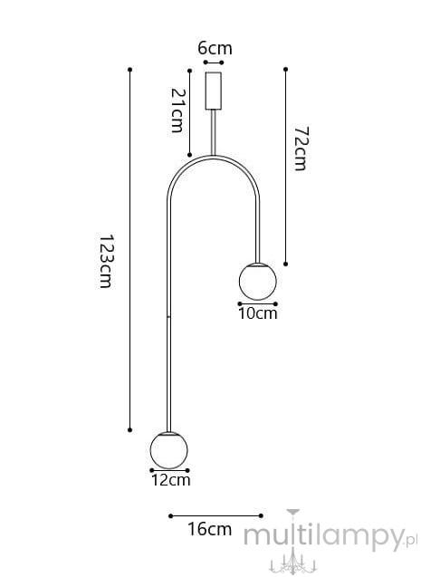 Lampa wisząca Loop 2xG9 w kolorze złotym, o wymiarach 123 cm wysokości i 72 cm długości. Ma eliptyczny kształt z dwoma okrągłymi kloszami o średnicy 10 cm, zawieszona na prostym uchwycie.