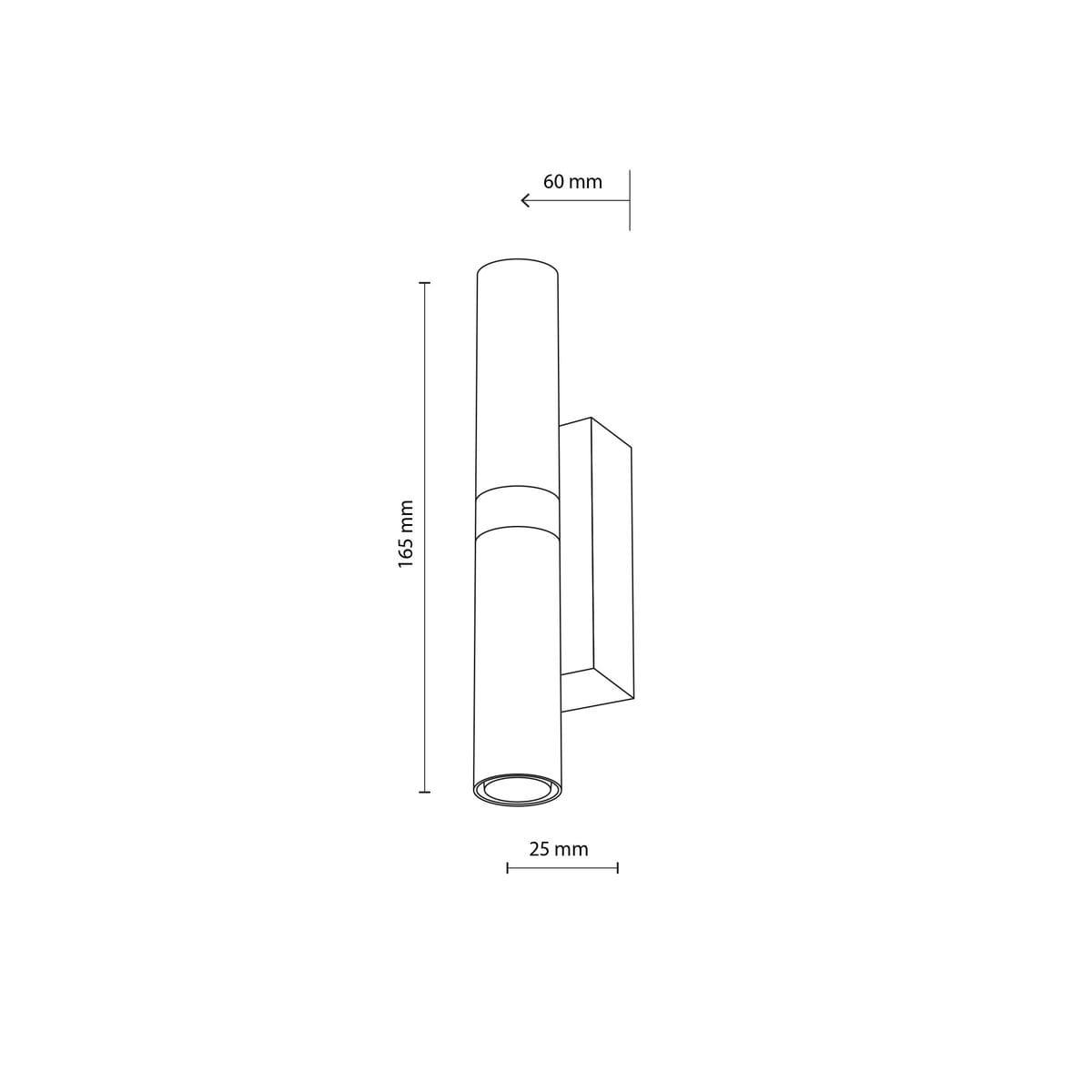 Czarny kinkiet Lagos 2xG9 o wymiarach 165 mm wysokości, 25 mm średnicy i 60 mm szerokości. Prosty, cylindryczny kształt z montażem na ścianie. Zawiera dwa źródła światła, idealny do nowoczesnych wnętrz.